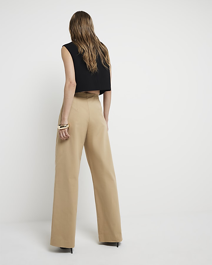 Beige high waisted wide leg trousers