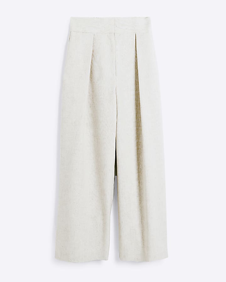 Beige linen blend wide leg trousers