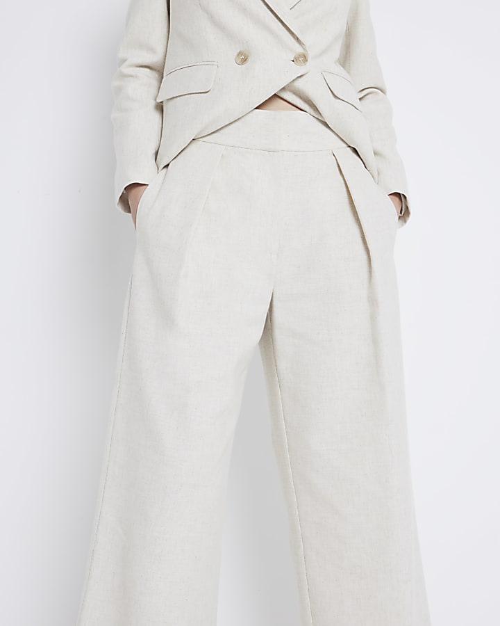 Beige linen blend wide leg trousers