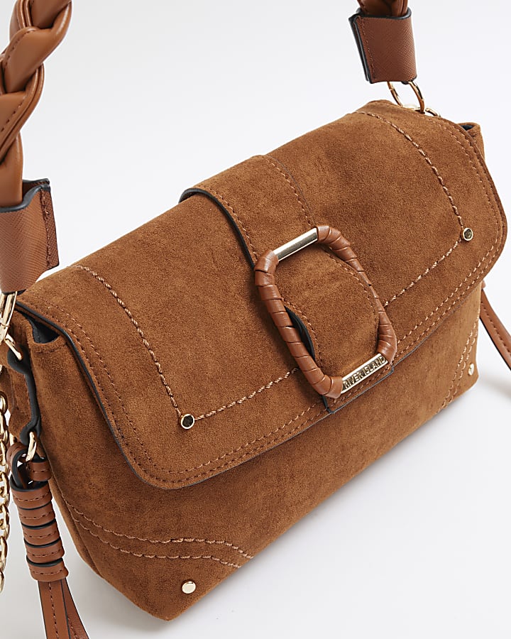 Brown Buckle Suedette Shoulder Bag