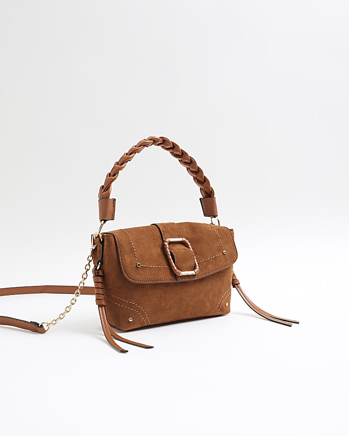 Brown Buckle Suedette Shoulder Bag