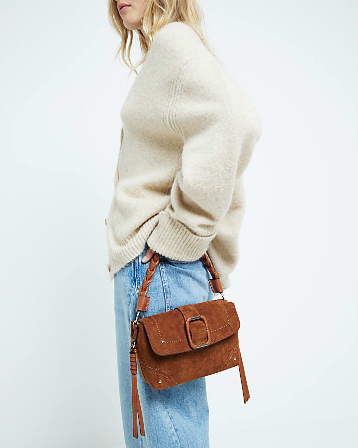 Brown Buckle Suedette Shoulder Bag