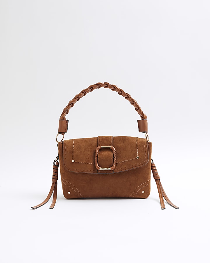 Brown Buckle Suedette Shoulder Bag