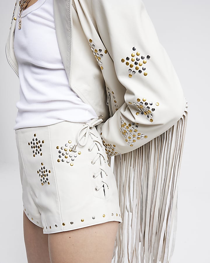 Stone leather studded shorts