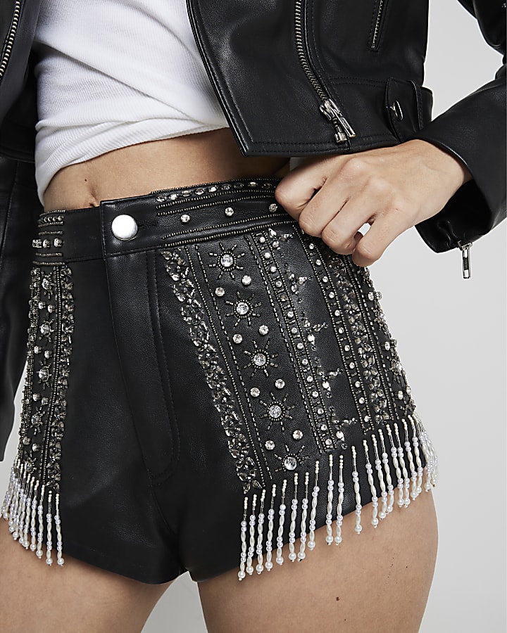 Black leather embellished shorts