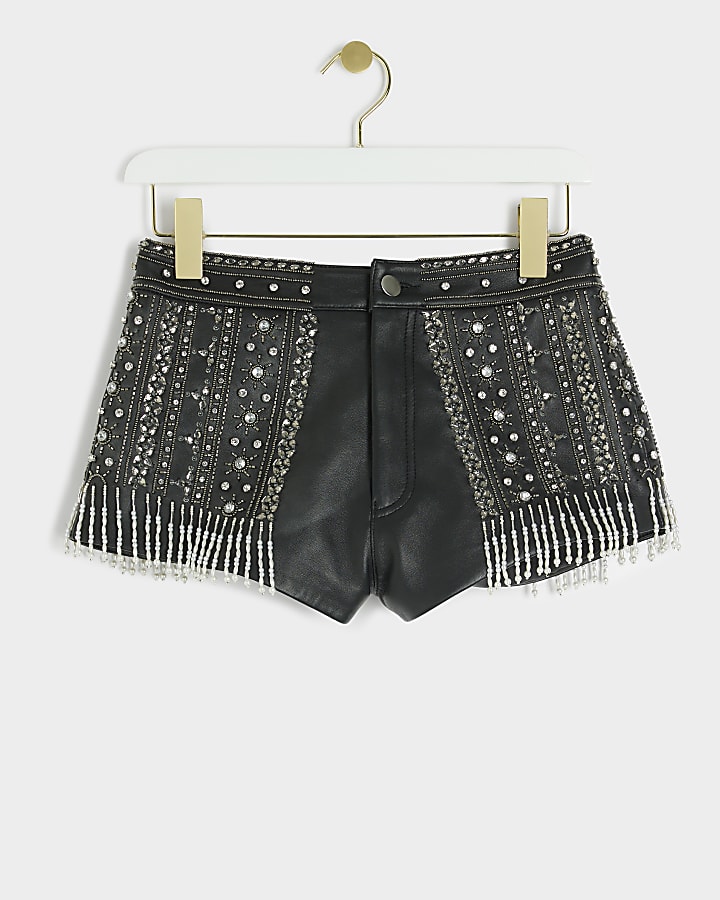 Black leather embellished shorts