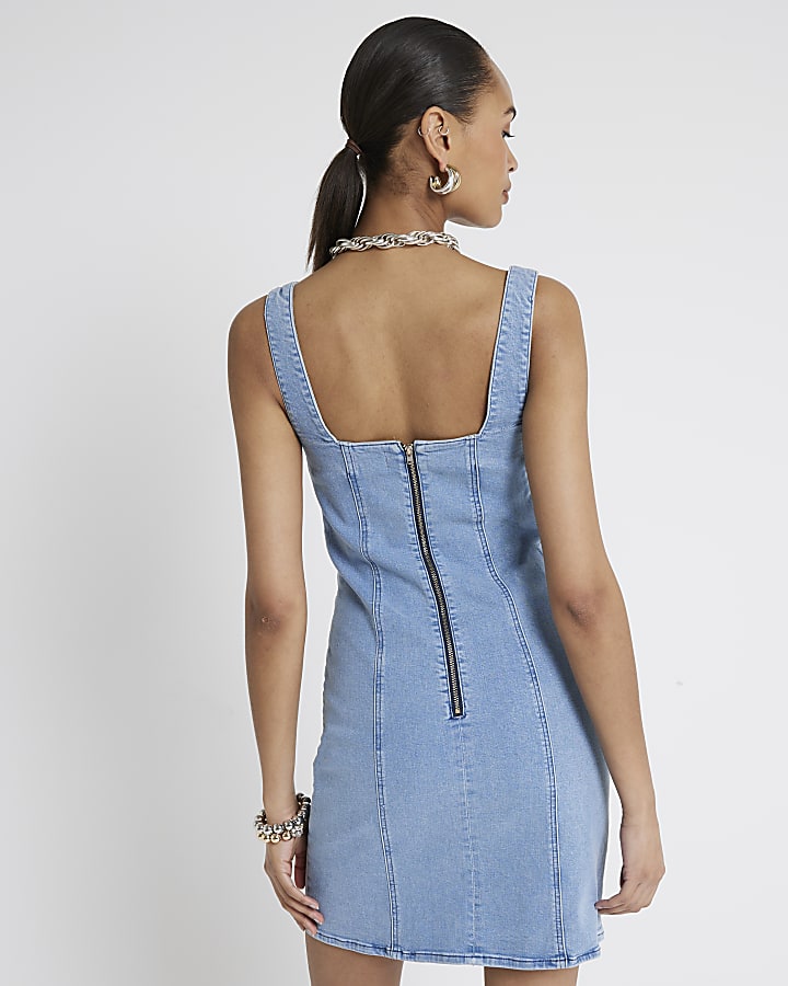 Blue Denim Square Neck Bodycon Mini Dress