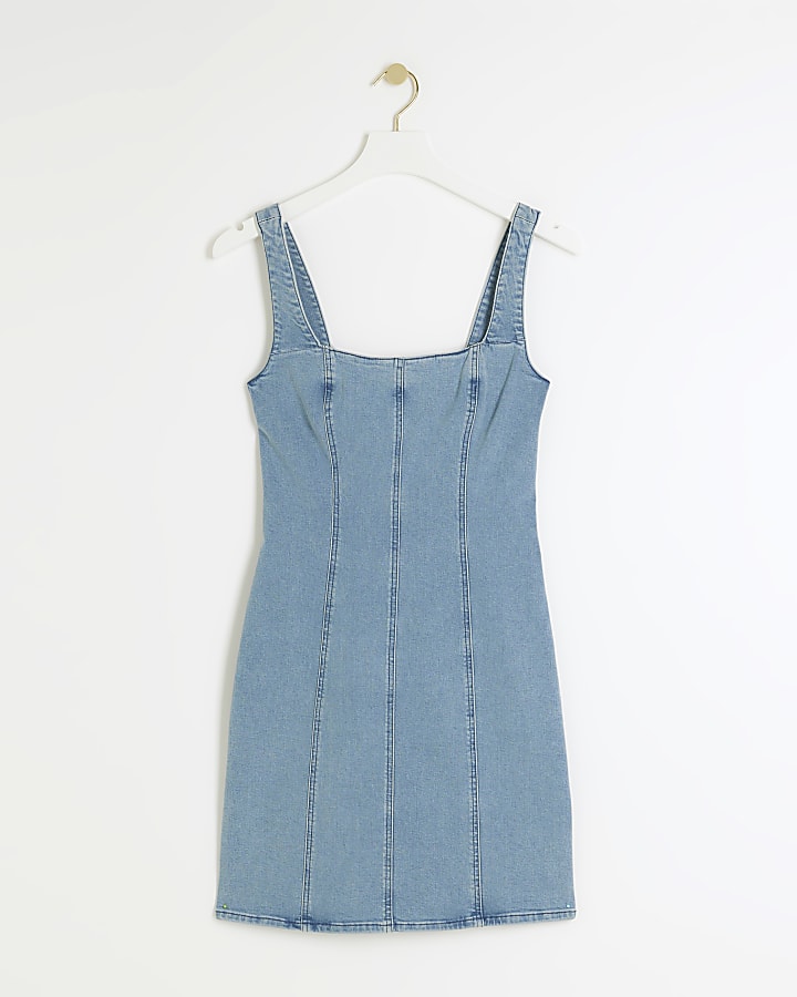 Blue Denim Square Neck Bodycon Mini Dress