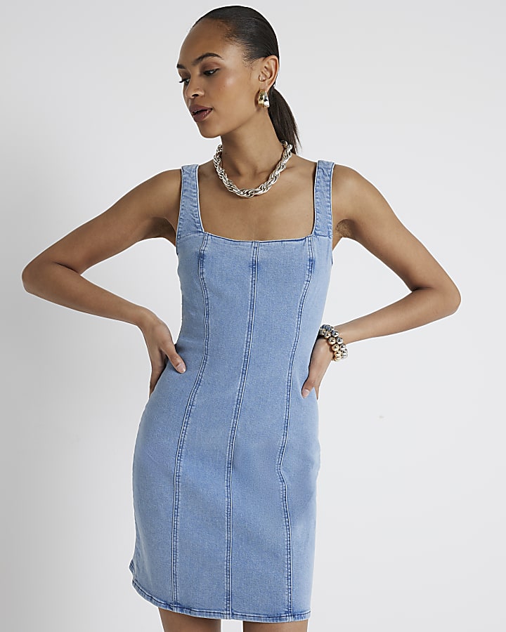 Blue Denim Square Neck Bodycon Mini Dress