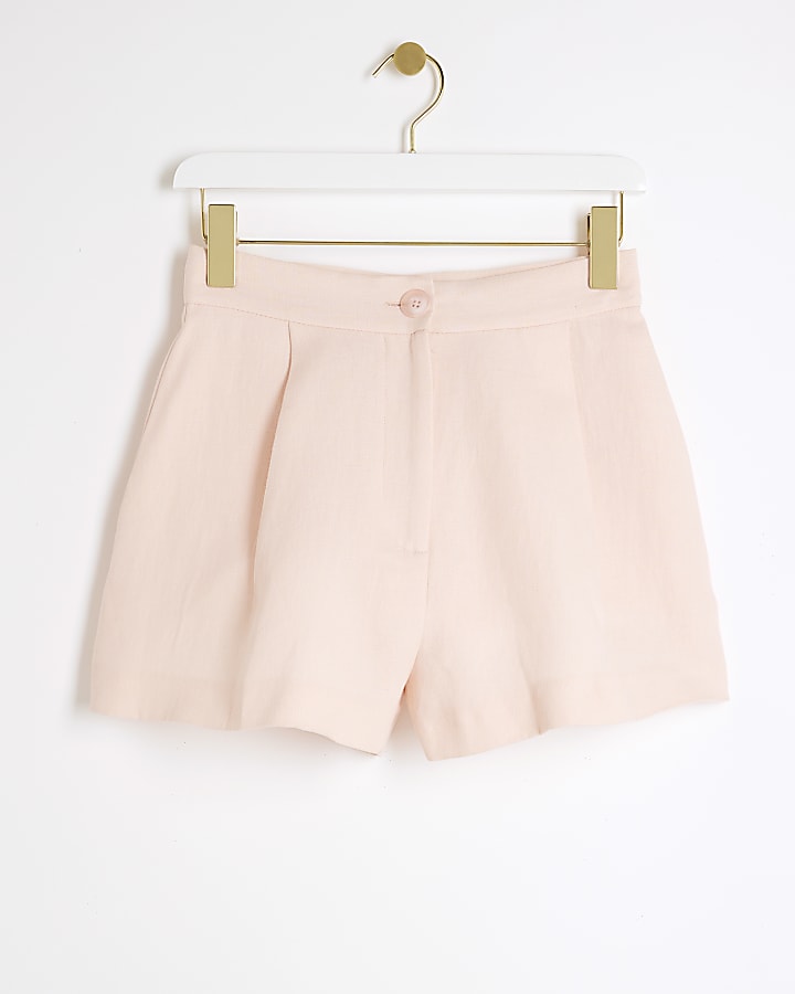 Pink High Waisted Linen blend Smart Shorts