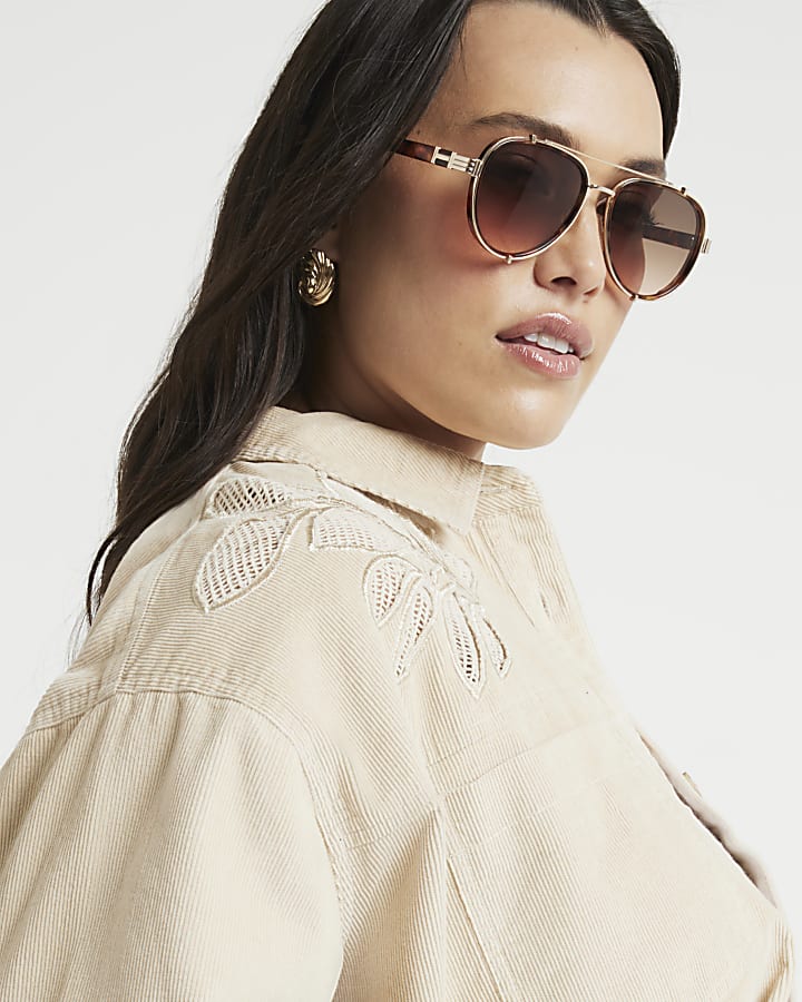 Plus beige corduroy broderie detail shirt
