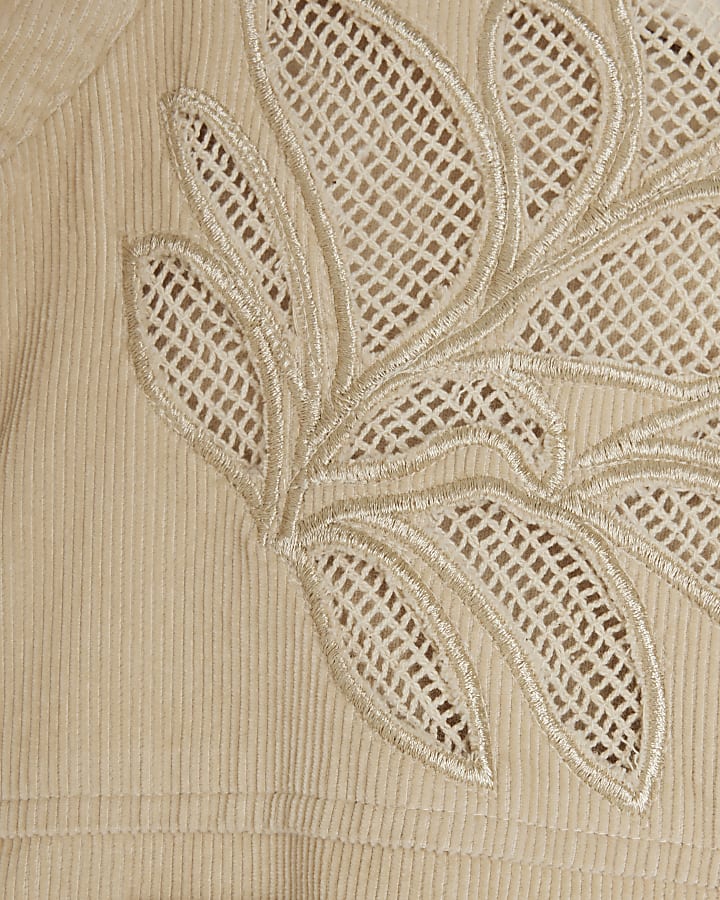 Plus beige corduroy broderie detail shirt
