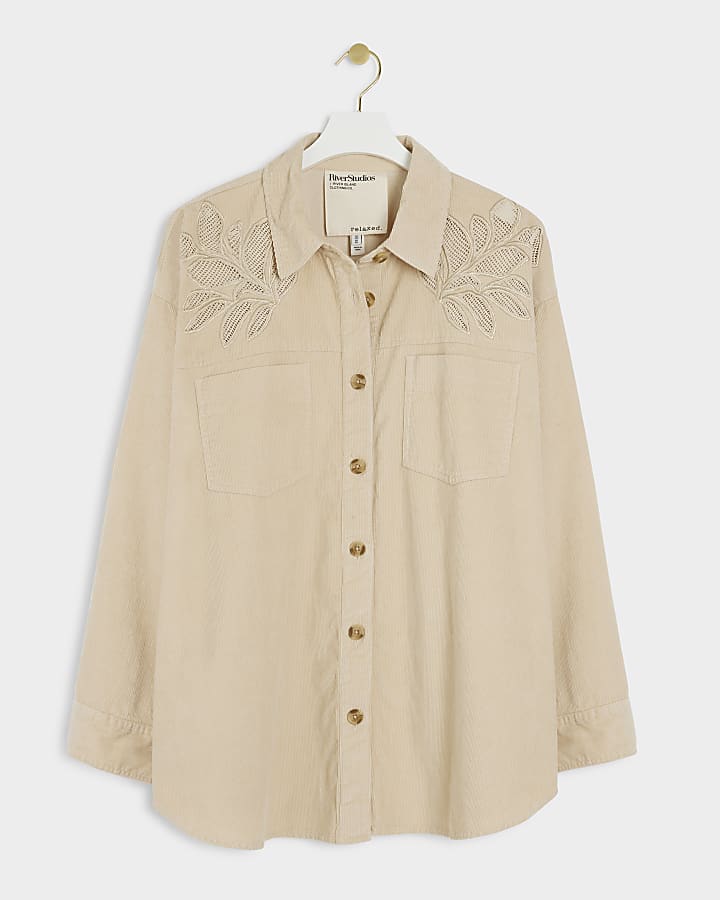 Plus beige corduroy broderie detail shirt