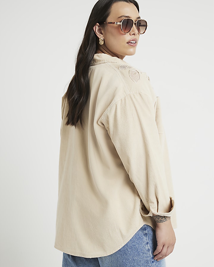 Plus beige corduroy broderie detail shirt