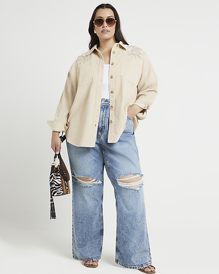 Plus beige corduroy broderie detail shirt