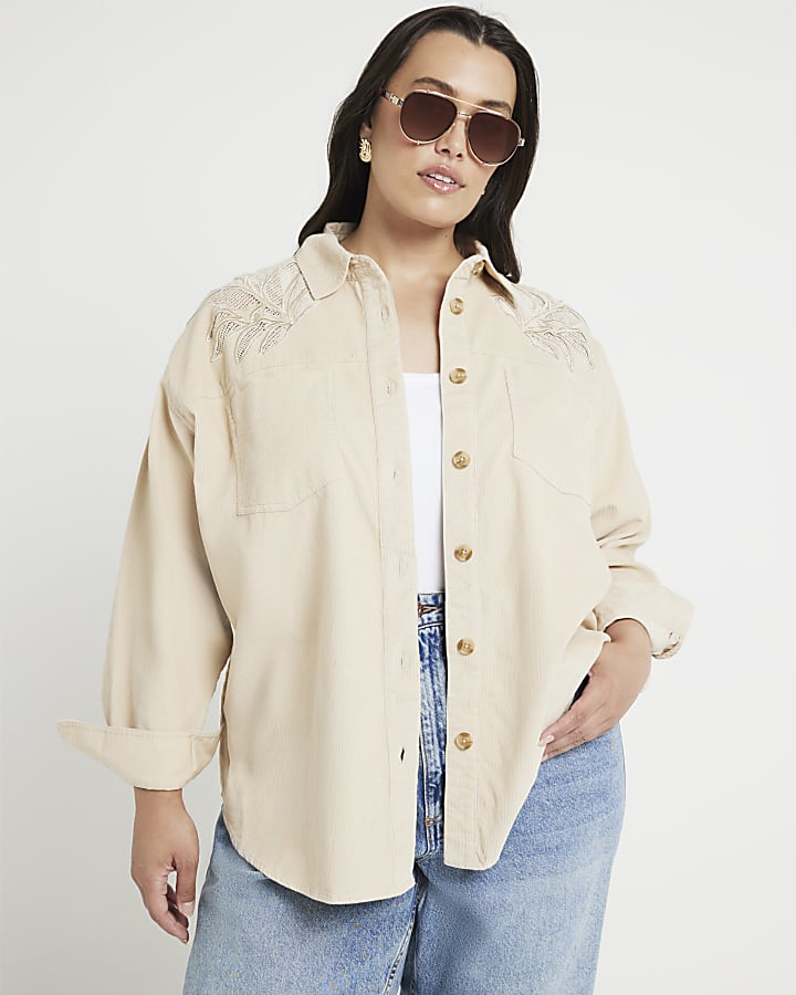Plus beige corduroy broderie detail shirt