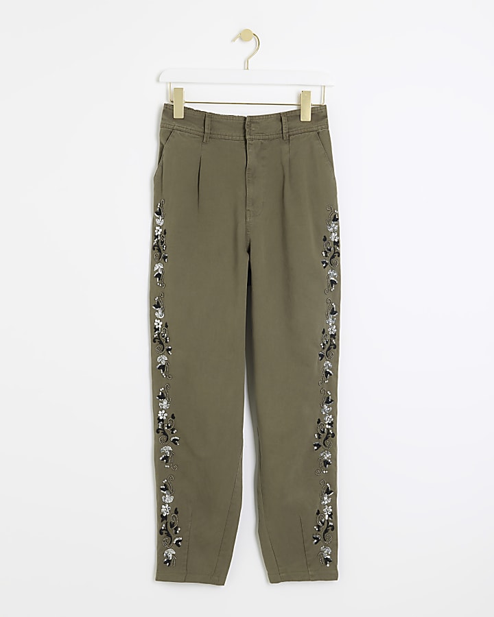 Khaki Embellished Chino Trousers