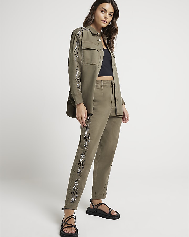 Khaki Embellished Chino Trousers