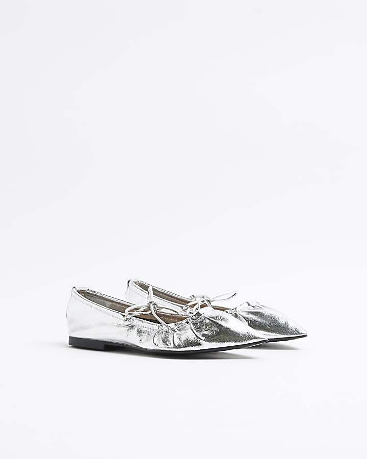 Silver Tie Point Flat Ballet Pumps