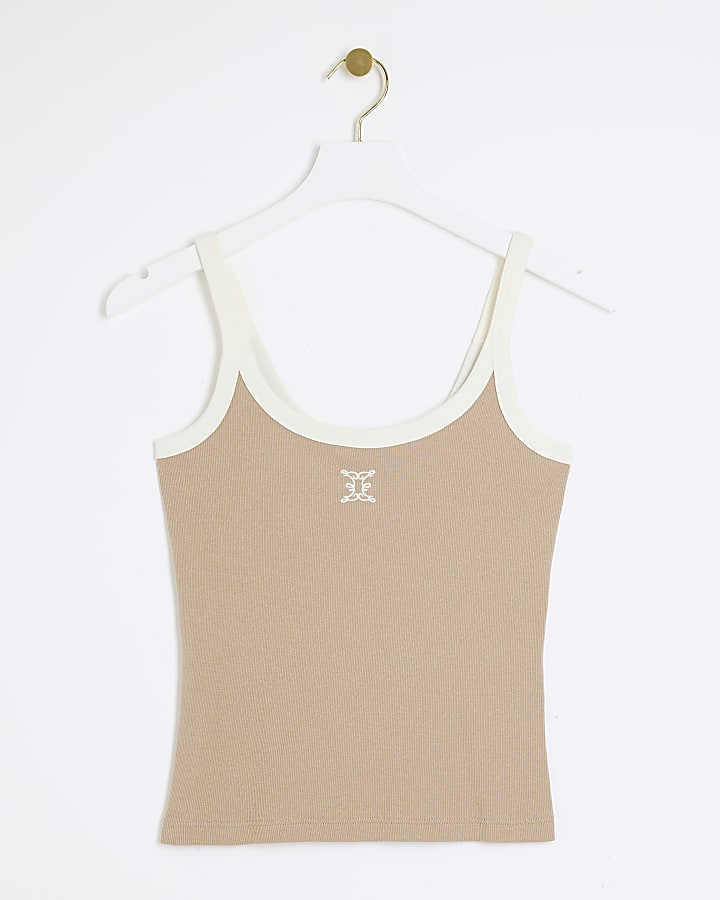 Beige tipped embroidered cami top