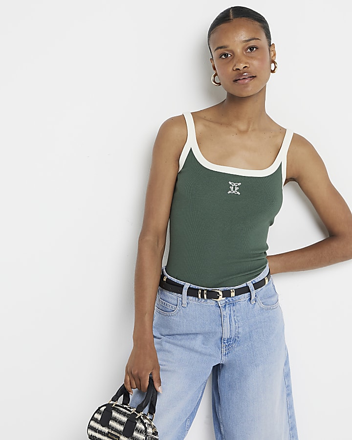 Green tipped embroidered cami top