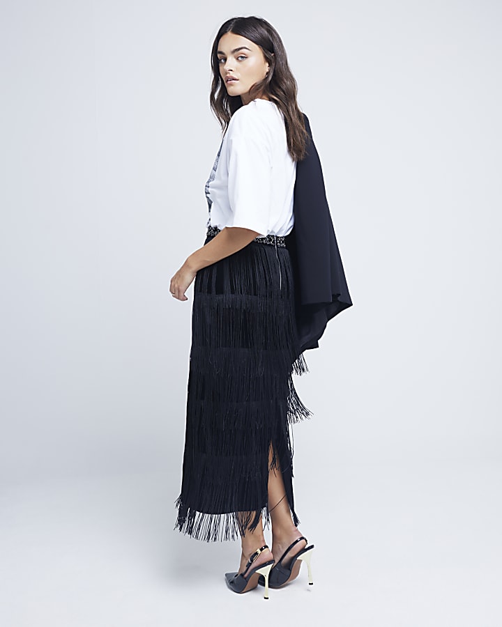 Black Tassel Fringe Midi Skirt