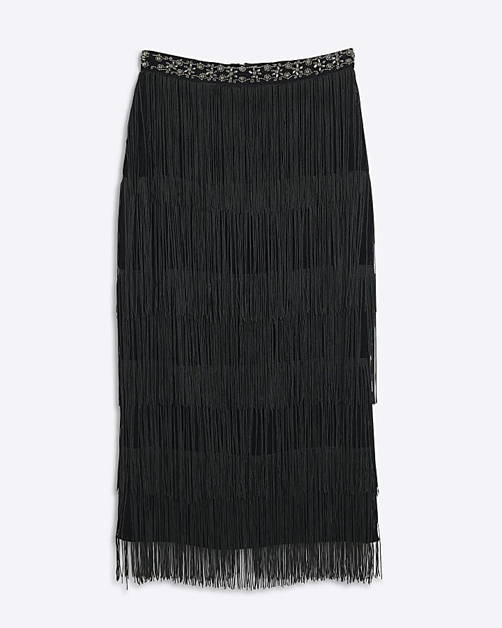 Black Tassel Fringe Midi Skirt