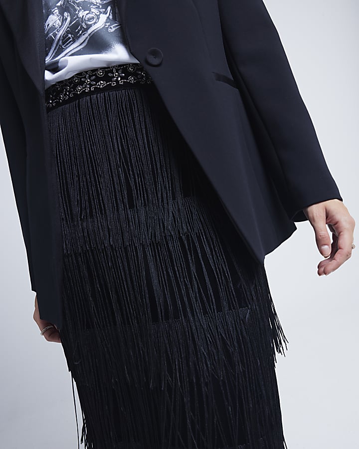 Black Tassel Fringe Midi Skirt
