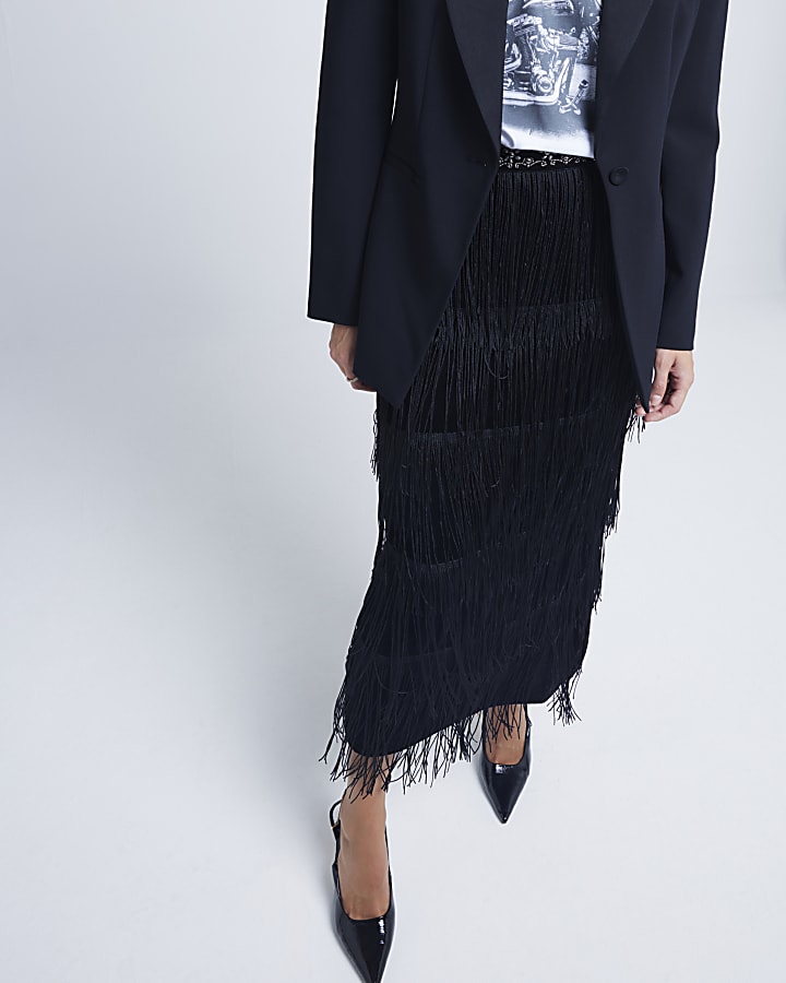 Black Tassel Fringe Midi Skirt