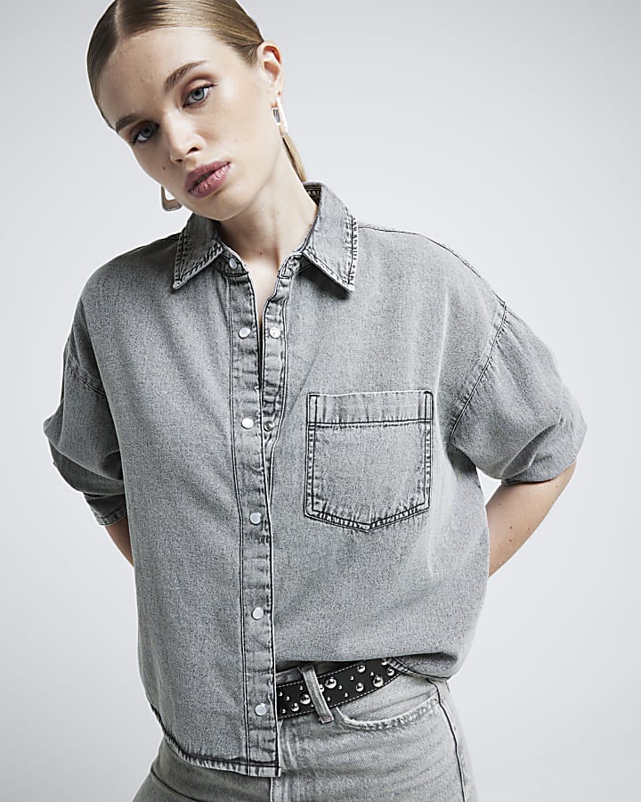 Grey Denim Cropped Shirt