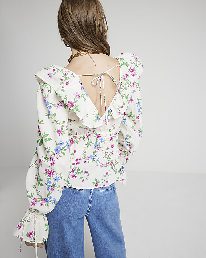 Cream floral frill blouse