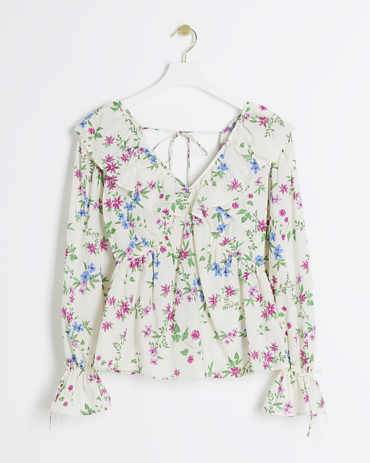 Cream floral frill blouse