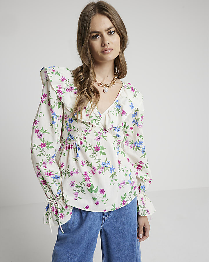 Cream floral frill blouse