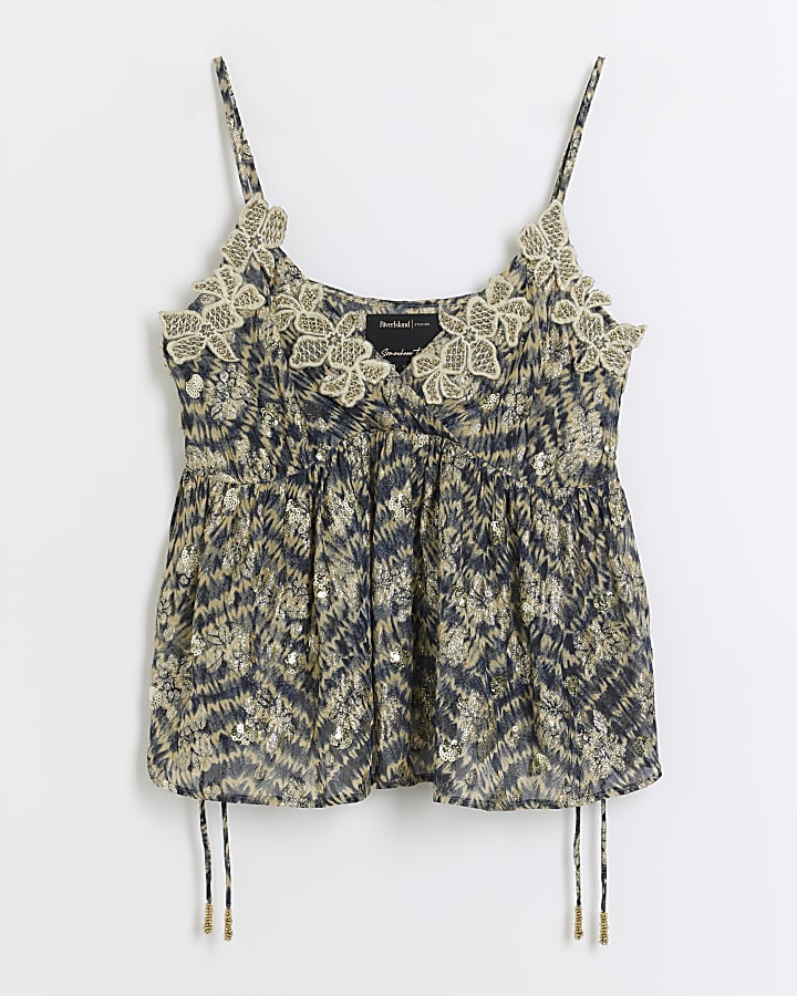 Green embellished floral cami top