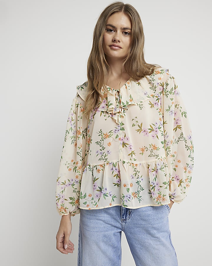 Cream floral frill tie front blouse