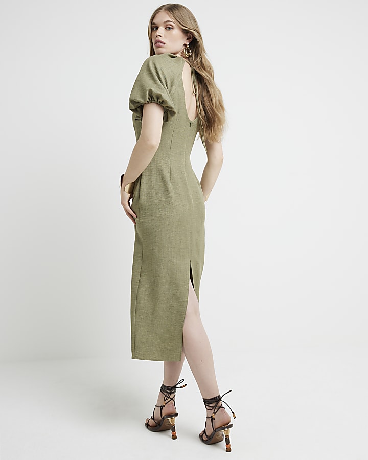 Khaki puffed sleeves ruched midi dress