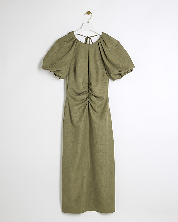 Khaki puffed sleeves ruched midi dress