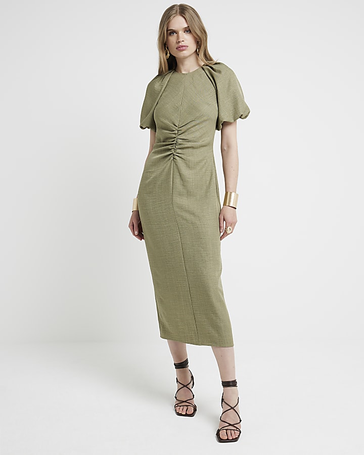 Khaki puffed sleeves ruched midi dress