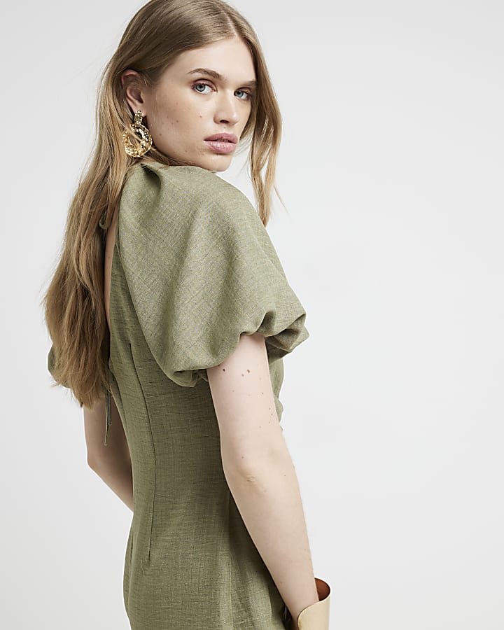 Khaki puffed sleeves ruched midi dress