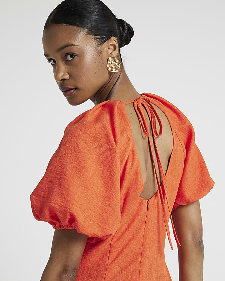 Coral puffed sleeves ruched midi dress