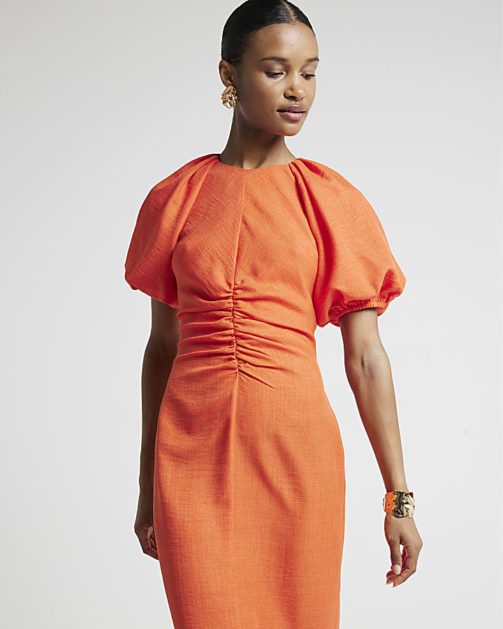 Coral puffed sleeves ruched midi dress
