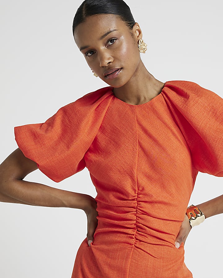 Coral puffed sleeves ruched midi dress