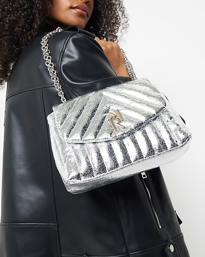 Silver quilted chain strap shoulder bag River Island