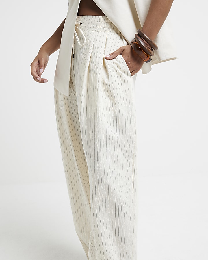 Petite Cream Wide Leg Stripe Trousers