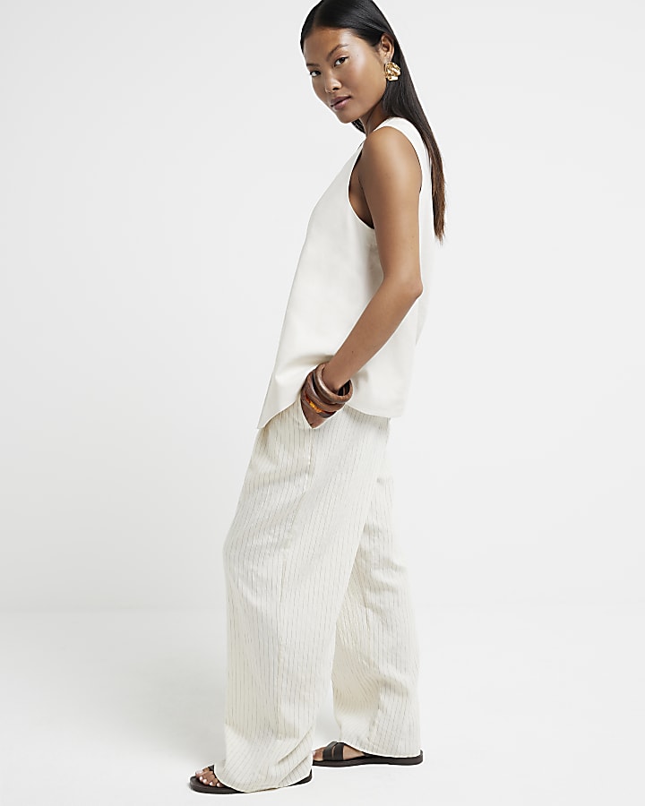Petite Cream Wide Leg Stripe Trousers