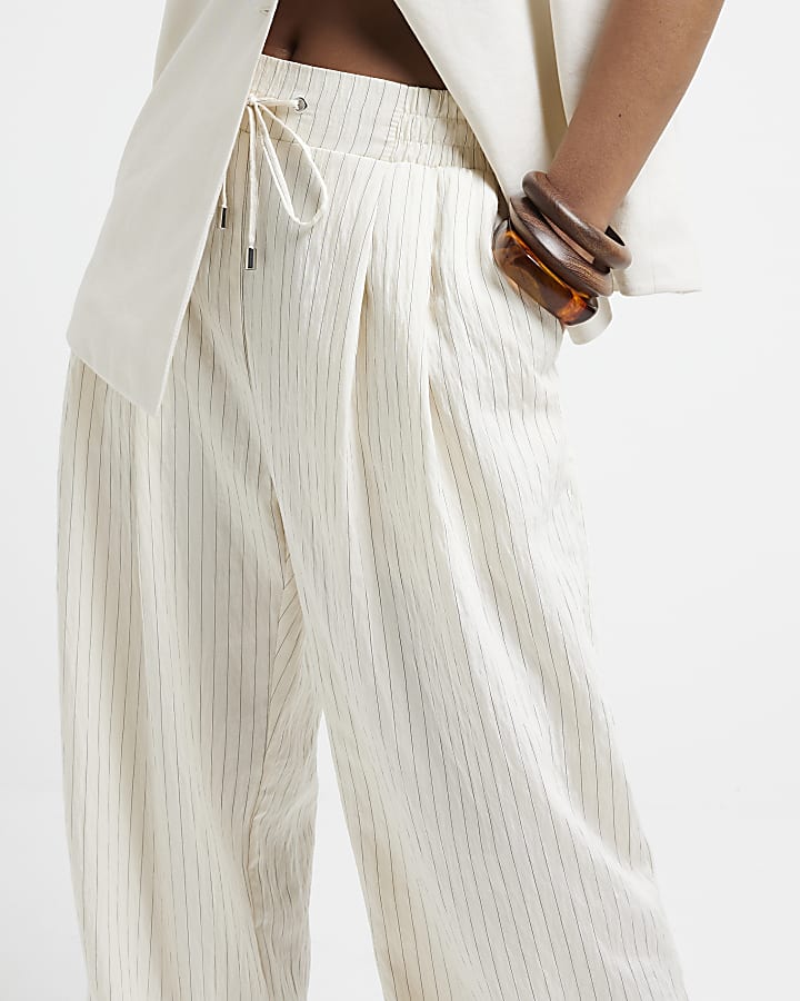 Petite Cream Wide Leg Stripe Trousers