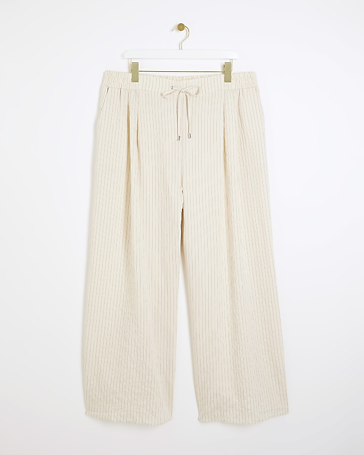 Plus Cream Wide Leg Stripe Trousers