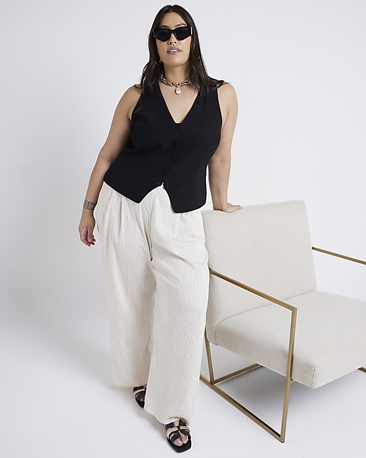 Plus Cream Wide Leg Stripe Trousers