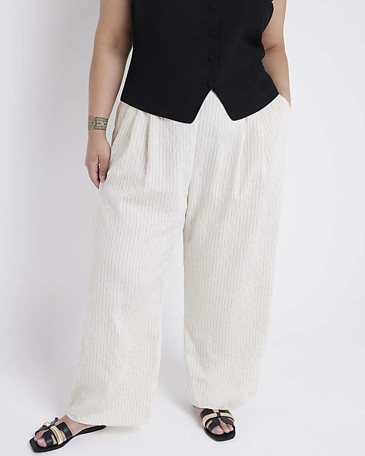 Plus Cream Wide Leg Stripe Trousers