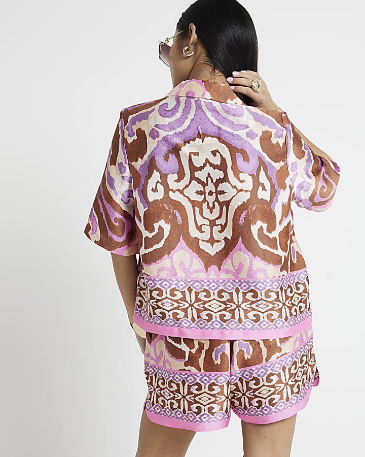 Petite purple satin abstract shirt